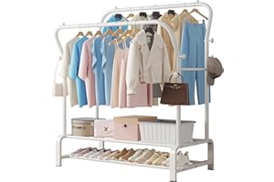 SMILOVII Heavy Duty Clothes Rail with Metal Double Coat Stand Rack, 4 Side Hooks, 2-Tier Shoe Storage Shelf，Clothes Drying Rack for Bedroom, Home Office, and Indoor Use - (White)