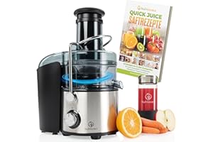 ‎NUTRILOVERS Nutrilovers QUICK-JUICER MAX Entsafter Obst und Gemüse, XXL Einwurf, Edelstahlsieb, Externer Tresterbehälter, 800W, inkl. BPA-frei inkl. Trinkflasche + Rezeptbuch