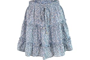 LAEMILIA Womens Elastic Waist Flared Short Skirt Floral Print Pleated Mini Skater Skirt with Drawstring
