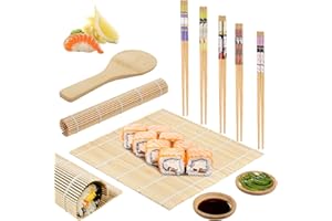 zrfgbxim 10 Pcs Sushi Making Kit: 2 Pcs Bamboo Sushi Rolling Mats & 5 Pairs Chopsticks & 1 Rice Shaker & 2 Pcs Sauce Plates, Sushi Making Tools Set, Sushi Mat Bamboo for Beginner Chef