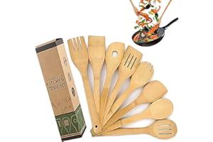 WDEC Zestaw 8 bambusowych przyborów kuchennych, drewnianych łyżek i szpatułek, nieprzywierających i wookowych, łopatek łopaty, zestaw przyborów kuchennych, żaroodporne, łyżka do szpatułki