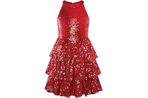 GRACE KARIN Kids Mädchen Pailletten Partykleid Neckholder A-Linie Dreischichtiges Kleid