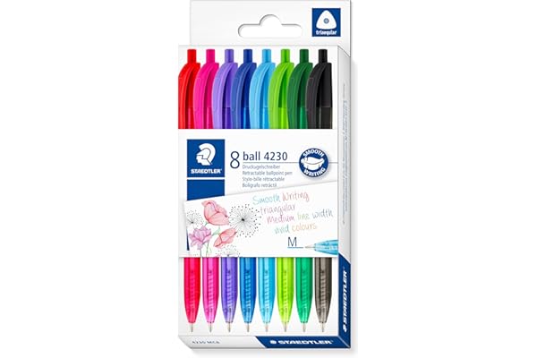STAEDTLER Bolígrafo retráctil triangular, cuerpo en el color de la tinta, ancho de línea M aproximadamente 1 mm, para una escritura relajada, 8 bolígrafos, en estuche de cartón
