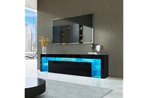 Senvoziii 200cm Modern High Gloss TV Stand Cabinet Unit with 2 Doors 2 Drawers LED Light for Living Room Bedroom with Ample Storage Furniture - Black