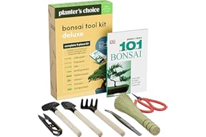 Planters' Choice Premium Bonsai Tool Kit + Bonsai 101 Book -Set Includes:Wooden Rake, Long & Wide Spades, Scissors, Tweezers, Bamboo Brush, & Pruning Shears (Trimmer/Clipper) in Fabric Storage Holder