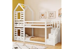 LTGB Bunk Bed with Storage, Children Cabin Bed Single Bed with Window for Kids, Twin Sleeper 190x90 cm, Solid Pine Wood, 3FT -White【UK Fast Delivery】