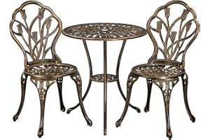 Yaheetech Set di Tavolo e Sedie da Giardino Set Mobili 2 Sedie 3 Pezzi Bistrò Veranda Balcone Motivo a Tulipano Lega di Alluminio Bronzo