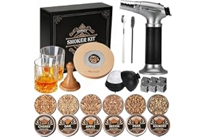 ASOVNIS Kit pour Fumeur de Whisky avec Torche – Copeaux de Bois 6 Saveurs, 2 Verres, 6 Pierres Whisky, Kit pour Fumeur de Cocktails, Kit pour Fumeur de Boisson, Cadeaux D'anniversaire pour Homme (Sans Butane)