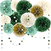 Paper Pompoms Birthday Decoration Green and Gold, 15 Pieces Tissue Paper Flowers with Garland for Baby Shower, Communion, Swe