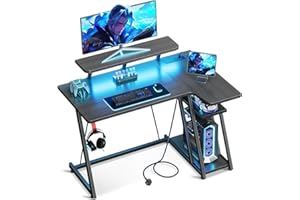 ODK Gaming Desk with LED Lights & Power Outlets, 100CM Computer Desk with Monitor Stand, Corner Desk with Hook & Storage, L Shaped Gaming Desk Carbon Fiber Black