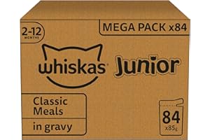 whiskas Junior Classic Selection in Gravy 84 Pouches, Wet Kitten and Cat Food, Selection of Beef, Lamb, Chicken and Poultry, Megapack (84 x 85 g)