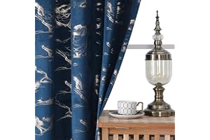 Marinblå guldgardiner med marmortryck, H160 x B132 cm, 2-pack, mjuk velour, mörkläggande gardiner 80-90%, metallöljetter 4 cm