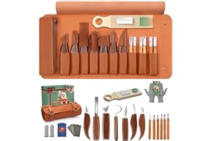 COZYGIFT Wood Carving Kit for Adults & Beginners - 29-Piece Professional Set with Leather Tool Roll, 7 Whittling Knives + 6 Detail Gouges, Splinter-Free Wooden Handles for Woodworking & DIY Gifts
