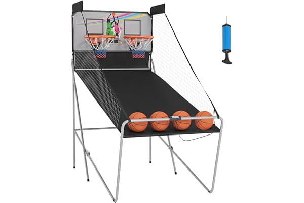 HOMCOM Jeu de Basketball Arcade Pliable à 2 Panier 4 balles Pompe de gonflage, Panier de Basketball avec système de pointage, 4 Bouton Fonctionnement et 8 Modes de Jeux, 205x110x205cm, Noir et Blanc