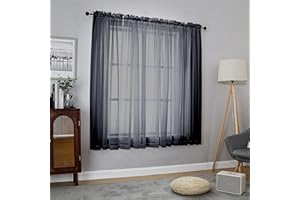 Chyhomenyc Black Sheer Window Curtain Panels 63 Inches Length, 2 Pieces, Voile Top Dual Rod Pockets Light Filtering Airy Trendy Drapes Window Treatment for Living Room/Bedroom, 42Wx63L