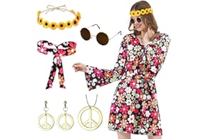 WELLCHY 6 Piezas Disfraz Hippie Mujer Años 70, Hippie Costume Set, Vestido Hippie, Diadema, Corona de Flores, Collar, Pendientes, Gafas Vintage, Accesorios Hippie Disfraz de Carnaval Disco Mujer