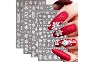 GEBETTER 4 Fogli Natale Adesivi Unghie Nail Art Fiocchi di Neve, Bianco Glitter, Stickers Natalizi, Autoadesivi Decorazione Natale