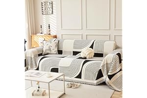 WEYOND Chenille Sofa Cover with Tassels, Boho Couch Cover Pet-Friendly, Geometric Pattern Reversible Slipcover for L Shaped Sectional Sofa, Loveseat, 2 3 4 Seater (180 x 260 cm, Black)