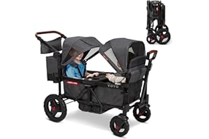 Radio Flyer Voya Stroller Wagon, 2 Seater Kids Stroller with Canopies, Double Stroller, Folding Wagon Trolley, Grey