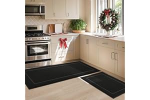 JSEI Non-Slip Kitchen Mats, Self Adhesive No Sliding Kitchen Rugs Set of 2, Soft Washable Absorbent Floor Rugs for Area Rug, Kitchen, Entrance, Bathroom, Bedroom, 61x91cm+61x152cm, Black