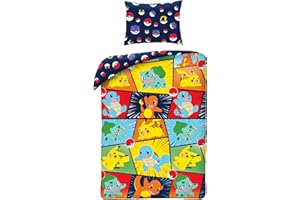 Halantex Zestaw pościeli Pokemon, Pokemon i Pokeball, wielokolorowy, 2-częściowy 140 x 200 cm + 1 poszewka na poduszkę, 100% bawełna, Öko-Tex, łóżko pojedyncze
