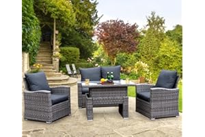 GOODS EMPORIUM 4 Seater Rattan Garden Furniture Set with Height Adjustable Rising Table - Outdoor Patio furniture - Conservatory Sofa sets - FREE COVER INCLUDED (Dark Grey, 4 Seater with Rising Table)