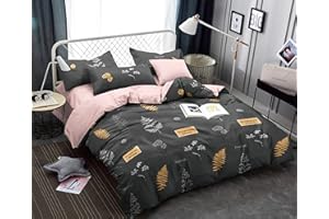 H HANSEL HOME Funda Nordica Cama 135 de 4 Piezas Transpirable Suave al Tacto 100% Microfibra de Poliéster, Funda Edredón 220x220cm, Bajera 135x200cm con 2 Fundas de Almohada 50x75cm - Gris Rosa Hoja