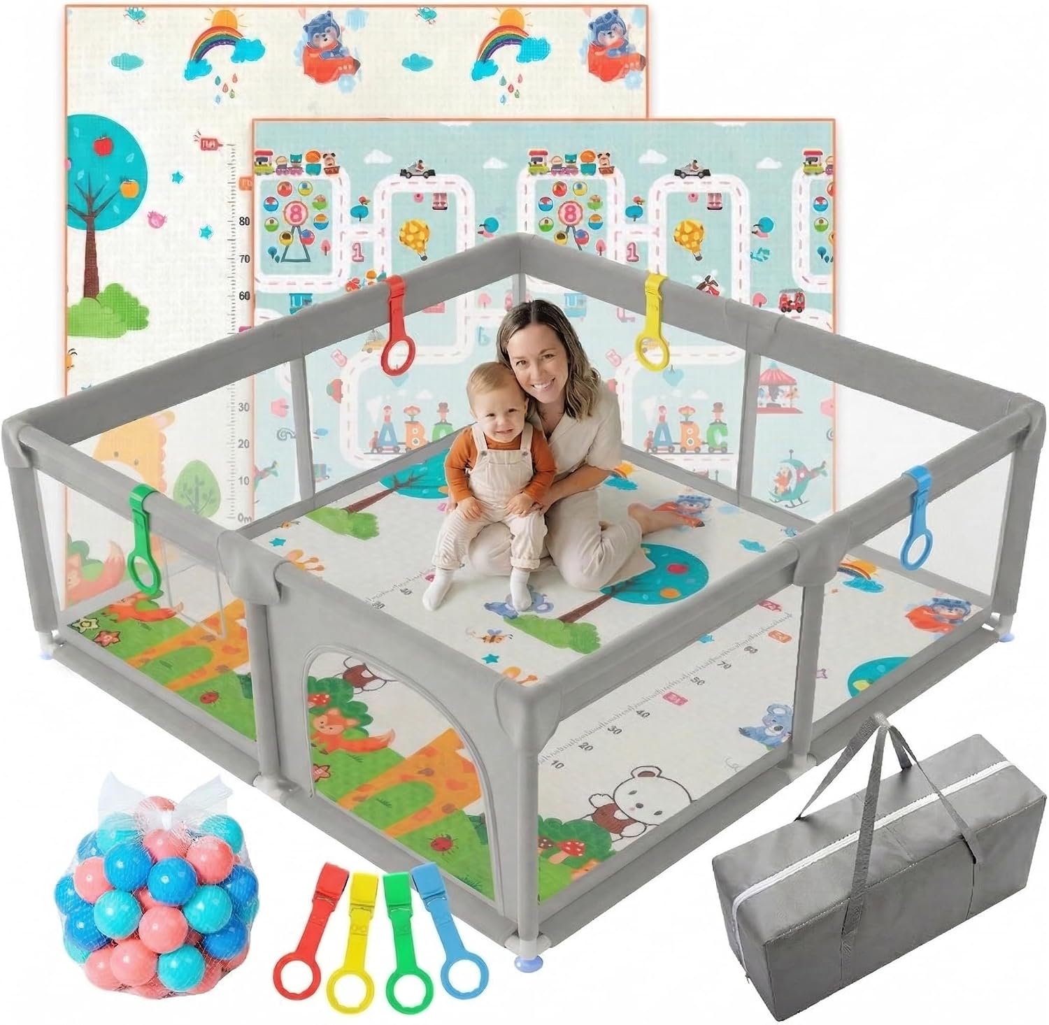 JUPPLIES Parque Infantil Bebe 120x120cm + Alfombra Bebe + 50 Bolas + Agarraderas + Bolsas de Transporte – Corralito Bebe con Malla Transpirable (Gris 120 * 120 completo + agarraderas)