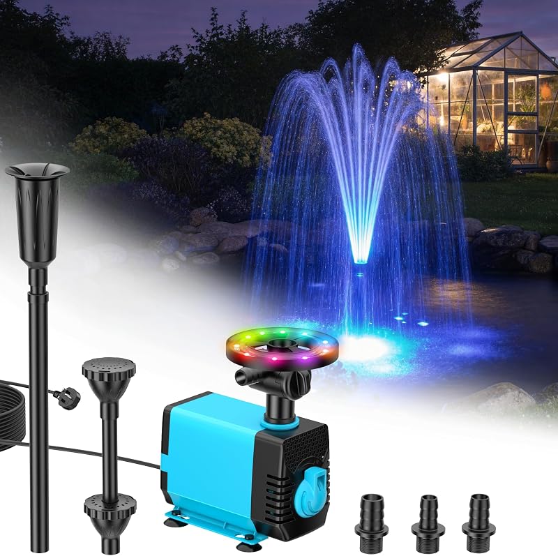 POPOSOAP Pond Fountain with RGB Lights - 40W Submersible Pump, 2100 L/h Flow, Adjustable Height & Water Flow for Day & Night Pond Decoration & Water Quality Improvement