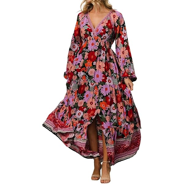 Robe Longue Bohème Chic Imprimé Floral Rose Avec Col En V - Ma Robe Bohème