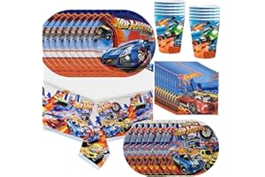 Pusuanzi Autos Pappteller Kindergeburtstag, Rennauto Geburtstagsteller 51-Stück Auto Partygeschirr Set Geburtstag- 7'' Teller, 9'' Teller, Pappbecher, Servietten, Tischdecke