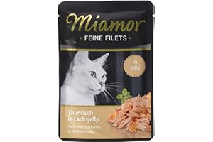 MIAMOR - Feine Filets in Jelly | Nassfutter für ausgewachsene Katzen mit Filetstückchen in Jelly. Fettarmes Ergänzungsfutter im Frischebeutel ohne Zusatzstoffe | 24x100g Thunfisch in Lachsjelly