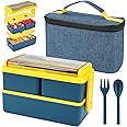 1400ml Lunch Box with 3 Compartments - 2 Layer Leak Proof Bento Box with Insulated Bag and Cutlery, Meal Prep Container Box for Adults Kids Students Office Microwave Dishwasher Safe Available (Blue)