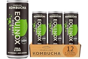 Equinox Kombucha Cola & Lime (12 x 250ml) | Brewed in UK with SCOBY, Green Tea & Raw Cane Sugar | Sparkling Live Cultured Probiotic Drink for Gut Health | No Sweeteners & 100% Natural