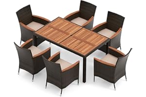 COSTWAY 7PCS/9PCS Garden Rattan Furniture Set, Patio Dining Table and Chairs Set with Acacia Wood Top, Stackable Chairs and Cushions, Outdoor Dining Wicker Conservatory Set for Balcony Lawn (7-Piece)