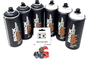 Montana Black & White Sprühdosen Set, 3x Schwarz + 3x Weiß + 10 Ersatzsprühköpfe - 6 x 400ml