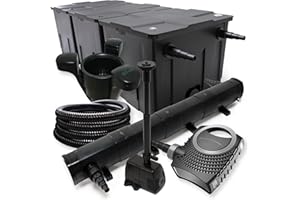 WilTec Kit Complet: CBF-350C Filtre de Bassin jusqu'à 90000 L, NEO10000 Pompe de Filtration 10000l/h 80W, CUV-272 Lampe UV 72W, 25m Tuyau 25 mm, SK-40 Écumeur 3000l/h 60W, HJ-943 Fontaine 800l/h 16W