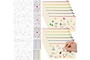 Anstore 12 Stück Stoffbeutel zum Bemalen für Kinder, DIY Blanko Stoff Federmäppchen um Bemalen mit 12 Buntstiften, 10 Schablonen Malen, 3 Blatt Glitzersteine, Bastelset Kindergeburtstag (21x12cm)
