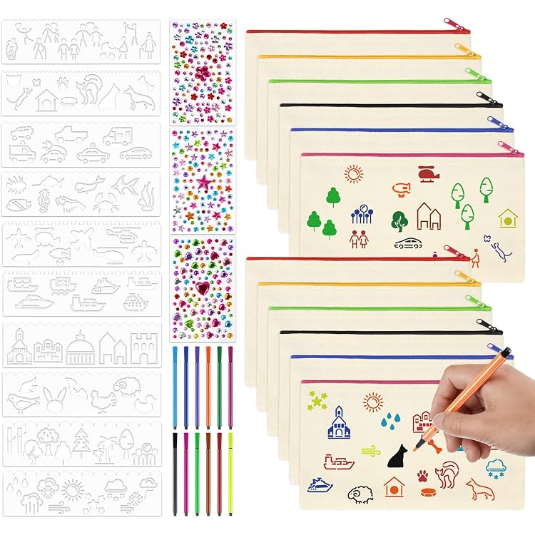 DIY Stoffbeutel Set 10 Stück – 21x12 Cm, Mit Buntstiften Und Schablonen, Leinwand-Federmäppchen Zum Bemalen
