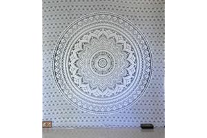 Bless International - Tapisserie hippie motif mandala ombre traditionnel indien en coton à mettre au mur ou à utiliser comme couvre-lit bohème, Coton, gris/argenté, Queen(84x90 Inches)(215x230 Cm)