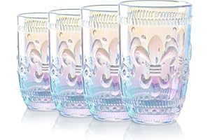 Joeyan 370ml Verres à Boire Irisés, Lot de 4 Verres à Eau de Motifs Fleur-de-Lis Floraux, Gobelets en Verre Coloré Romantiques pour l'eau, Le Jus, Les Cocktails et Les Boissons