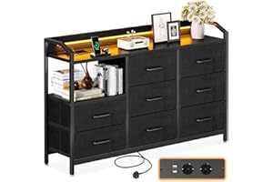 ODK Comoda Dormitorio, Cajonera con Tira de Luz LED de 10 Colores Ajustables y 2 Salidas USB y 2 Salidas de CA, Incluidos 8 Cajones Grandes de Tela, 110 * 30 * 88, Negro