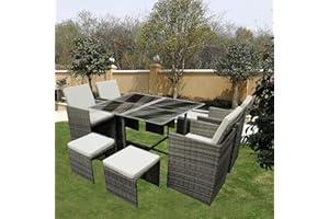 GadgetHaven Garden Furniture,rattan garden furniture with Waterproof Cushions, Tempered Glass Table & Storage Cover - Space Saving Design for Poolside/Garden 6141-B (light Grey with beige cushion)