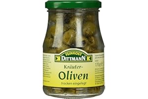 ‎FEINKOST DITTMANN Feinkost Dittmann Grüne Kräuter-Oliven Trockeneingelegte Olivenfrucht ohne Stein - 170g, 1er Pack - Oliven mit Kräuter mariniert - Antipasti, entsteinte Oliven