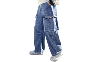 Rolanko Boys Baggy Jeans, Cargo Wide Leg Jogger Jeans with Multi Pockets, Elastic Waist Denim Trousers for Teen Kids