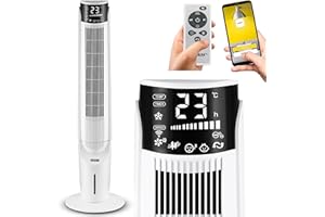 Yoer 33dB Cichy Klimator wodny przenośny 6w1, Wentylator kolumnowy, 60W, 10m Zasięg nawiewi, 2x szybsze chłodzenie, Nawilżanie powietrza, Aromaterapia, Jonizacja, 90° Oscylacja, Cascado TFC06W, biały