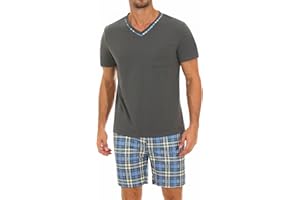 Demegimi Schlafanzug Herren kurz V-Auschnitt kurzer Pyjama Baumwolle Sommer Shorty Pyjama Kurzarm T-Shirt mit Karierter Schlafanzughose