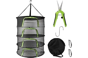 Brynnl Rack de secado de malla, 4 capas con cremallera en forma de U, con tijeras y S Hook Collapsible Hanging Drying Net, rejilla de secado de malla para hierbas, flores, peces y brotes