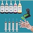 SPOTINK CMYKK Refill Kit with Suction Tool Combo Pack of High Yield Inkjet Cartridge Ink Refill Compatible Cartridge Printers - 100ml Per Bottle (Cyan, Magenta, Yellow, BlackX2)