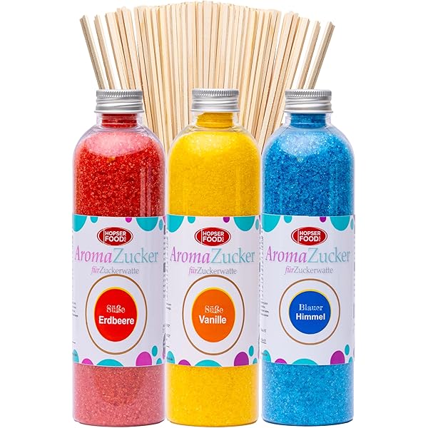 Zuckerwatte Zucker Set 5 Sorten &agrave; 200g 50 St&auml;be &ndash; Aromazucker F&uuml;r Zuckerwattemaschine